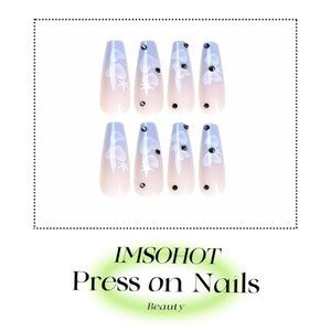 IMSOHOT Long Press on Nails Coffin Blue Gradient with Cute Heart Designs